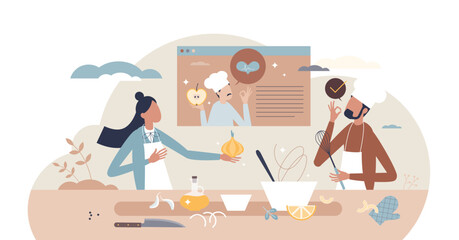 Nutrition workshop about healthy food preparation tiny person concept, transparent background. Balanced diet and product choices for good health and wellbeing. Online course or live webinar session.