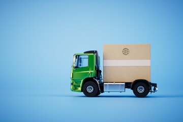 Truck model and carton box on light blue background. Courier service. 3d render