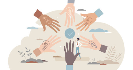 Sharing ideas with creative and innovative teamwork power tiny person concept, transparent background. Connecting together various thoughts and brainstorming new solution illustration.
