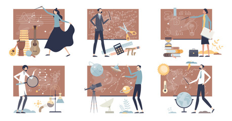 Teachers learning and academic teaching occupation tiny person collection set, transparent background. Mini scenes with music, math, literature, chemistry. © VectorMine
