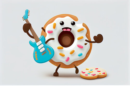 Funny bright donut sings and plays the guitar. AI generated