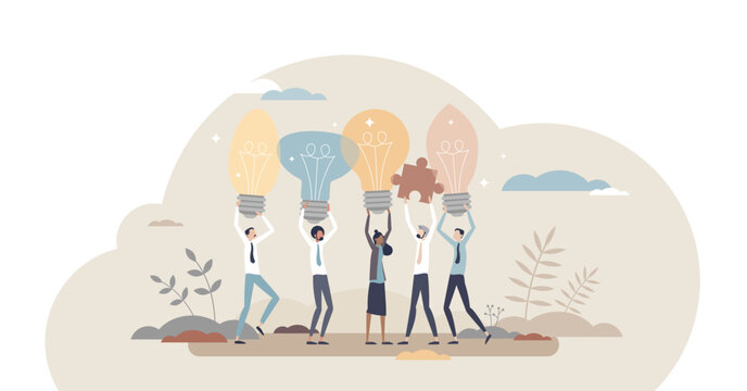 Sharing ideas with creative and innovative teamwork bulbs tiny person concept, transparent background. Connecting together various thoughts and brainstorming new solution illustration.