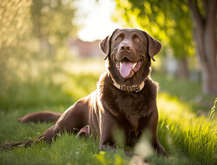 Active, smiling, and happy Labrador retriever dog outdoors in a grass park on a sunny summer day.