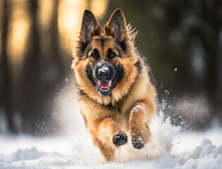 German shepherd dog running in a snowy park in winter. 