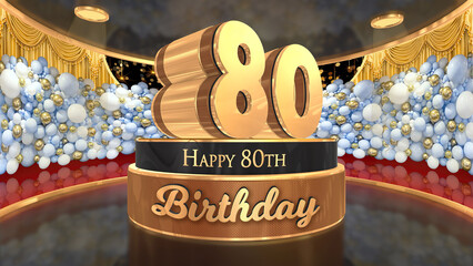 80th Birthday backdrop, poster, flyer 3d render illustration in gold with balloons and fireworks background