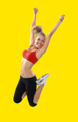 yellow colourful background beyond a fitness jumping girl