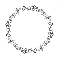 Vector hand drawn spring wreath isolated on white background. Outline circle of leaves. Doodle style. Floral frame.