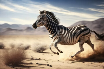 Zebra running through the African savannah. Generative AI. - obrazy, fototapety, plakaty