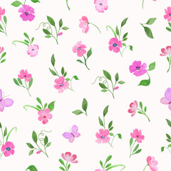 Watercolor floral seamless pattern with painted pink flowers. Hand drawn  illustration isolated on pastel background. 