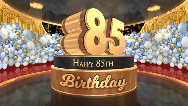85th Birthday backdrop, poster, flyer 3d render illustration in gold with balloons and fireworks background