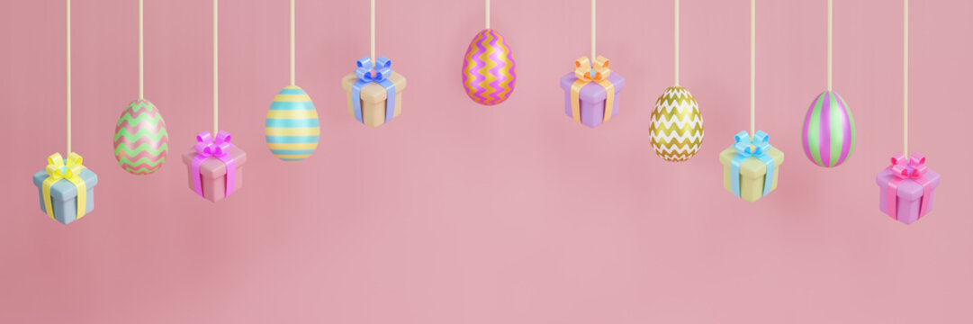 Easter multicolored eggs and gift boxes hang from threads on a pink background. Banner 3D rendering