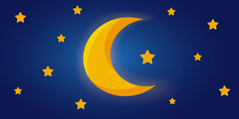Obraz na płótnie Canvas The moon and stars in the night blue sky. Vector illustration. Ramadan.