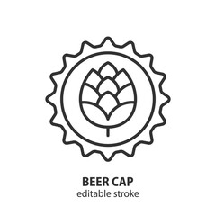 Beer cap with hop cone line icon. Vector outline symbol of brewery. Editable stroke.