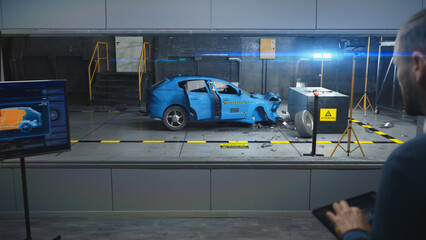 Male engineer simulates and watches process of traffic accident using digital tablet with modern system to change the safety parameters. 3D animation of electric car experimental crash test in lab.