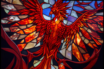 a phoenix rising on a stained glass design, generative ai