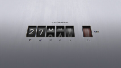 3D animation of electricity meter. Close-up view of kWh counter. Changing numbers on the electricity meter display. Energy savings or over-consumption, rising prices and costs. Electricity supply.