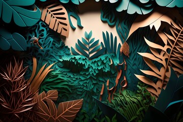 A paper cut out of a tropical forest with a bird on the top made with generative AI