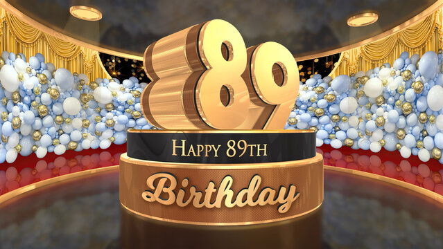 89th Birthday backdrop, poster, flyer 3d render illustration in gold with balloons and fireworks background