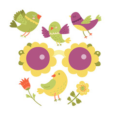 A cartoon spring illustration of a pair of sunglasses with birds and flowers on them. Floral stickers set.