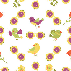 A cartoon spring seamless pattern of a pair of sunglasses with birds and flowers on them. Floral green and purple summer design.