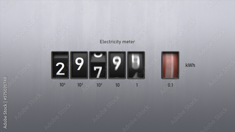 Wall mural 3d animation of electricity meter. close-up view of kwh counter. changing numbers on the electricity