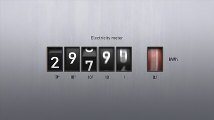 3D animation of electricity meter. Close-up view of kWh counter. Changing numbers on the...
