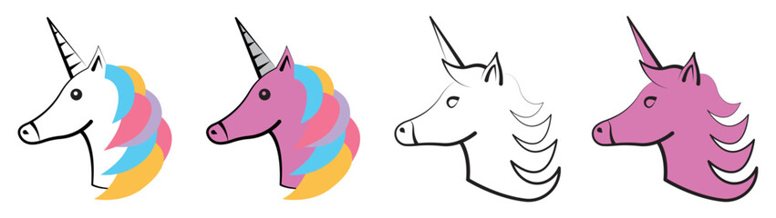 Set of unicorn head icons. Unicorn, horse, mane and horn. Head portrait unicorn sticker, cartoon. Vector illustration.