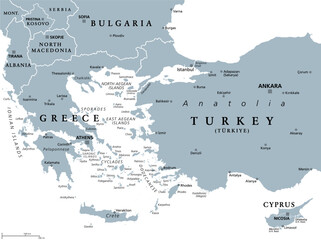 Aegean Sea region, with Aegean Islands, gray political map. An elongated embayment of the Mediterranean Sea, located between Europe and Asia, between the Balkans and Anatolia, and Greece and Turkey.