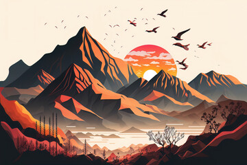 Landscape with mountains against the backdrop of a neon sunset. AI