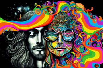 Obraz na płótnie Canvas A fantastic portrait of a hippie man with glasses. Psychedelic Poster. Interior, wall art. Modern graphics and painting. Fashionable illustration. Generative AI.