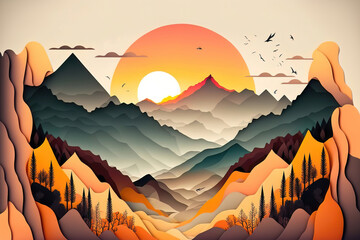 Fototapeta na wymiar Landscape with mountains against the backdrop of a neon sunset. AI