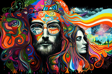 Fototapeta na wymiar A fantastic portrait of a hippie woman and man with glasses. Psychedelic Poster. Interior, wall art. Modern graphics and painting. Fashionable illustration. Generative AI.