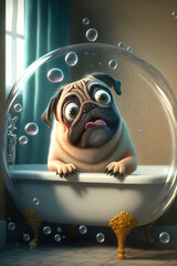 Surprised pug sitting in a bathtub surrounded by a huge soap bubble, created with generative A.I. technology.