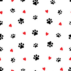 Pet footprint seamless pattern. Pet animal dog, cat footprint background with heart. Puppy valentine texture doodle wallpaper. Vector illustration