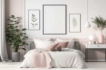 Modern bedroom and mockup frame on a wall, Generative AI