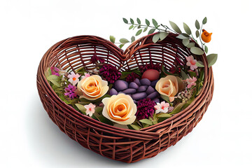 Fototapeta na wymiar Empty wicker basket for flowers. Large nest for heart shape love. Generative Ai