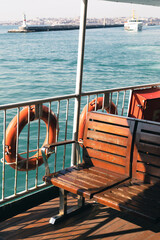 Wooden seats on the ferry boat.
