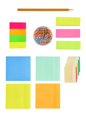 Collection of colorful post it paper note and paper clips isolated on white background - 575072949