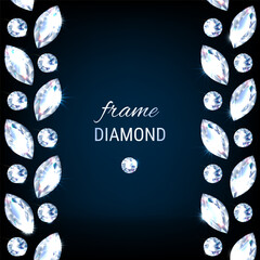 Vertical frame made of realistic diamonds on a black background. Jewelry design elements with shiny diamonds. Banner, poster, gift card, invitation template. Vector.
