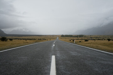 Endlose, asphaltierte Straße in Prärie mit Wolken und Gräsern in Neuseeland.