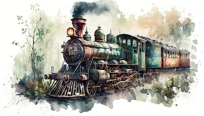 detailed antique old big train in watercolor illustration created by generative AI