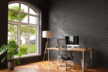 comfortable workplace with pc on wooden desk in office at home; bright sunlight from side large window and wall; canvas copy space;  remote work freelance; 3D Illustration