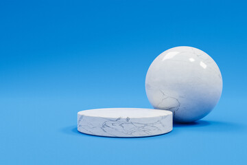 3D display podium pastel blue background. Nature marble minimal pedestal for beauty, cosmetic product presentation sphere ball. copy space template, 3D Illustration