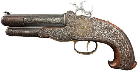 Vintage pistol decorated with ornate engraving. AI generated illustration. - obrazy, fototapety, plakaty