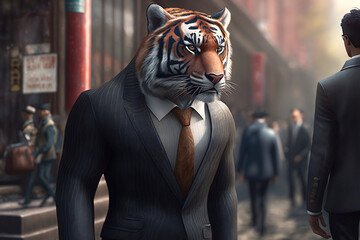 Fototapeta na wymiar A tiger in a business suit on the street, made with Generative AI