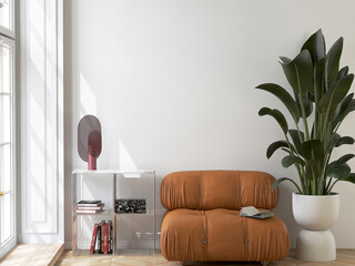 Interior mockup, wall mockup, interior composition,white wall, sofa, plant