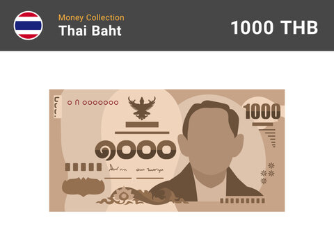 Thai baht 1000 banknone. Paper money of Thailand. One thousand THB. Flat icon style. Ready cash. Currency note symbol. Vector illustration.