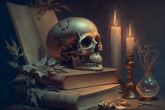 Human skull on the books and candles around. Eerie Nocturnal Still Life. Generative AI.