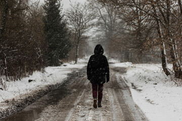 walking person in black jacket on the country road on a sad snowy winter day - Powered by Adobe