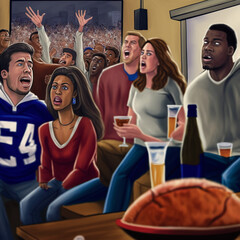 group of multi cultural multi ethnic , multi-racial friends watching football game excitedly , Ai generated , social justice